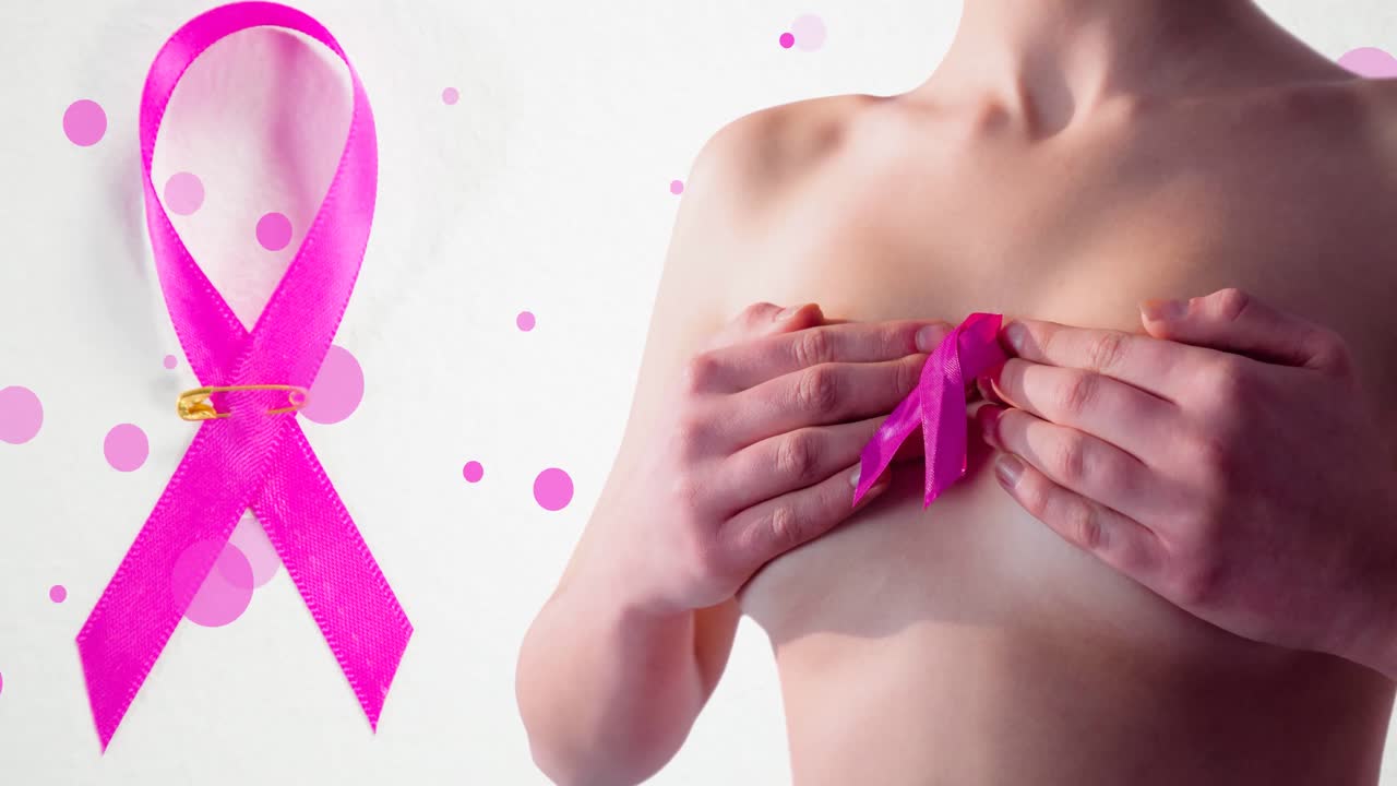 Animazione di una persona caucasica che tiene un nastro rosa su macchie rosa su sfondo bianco.