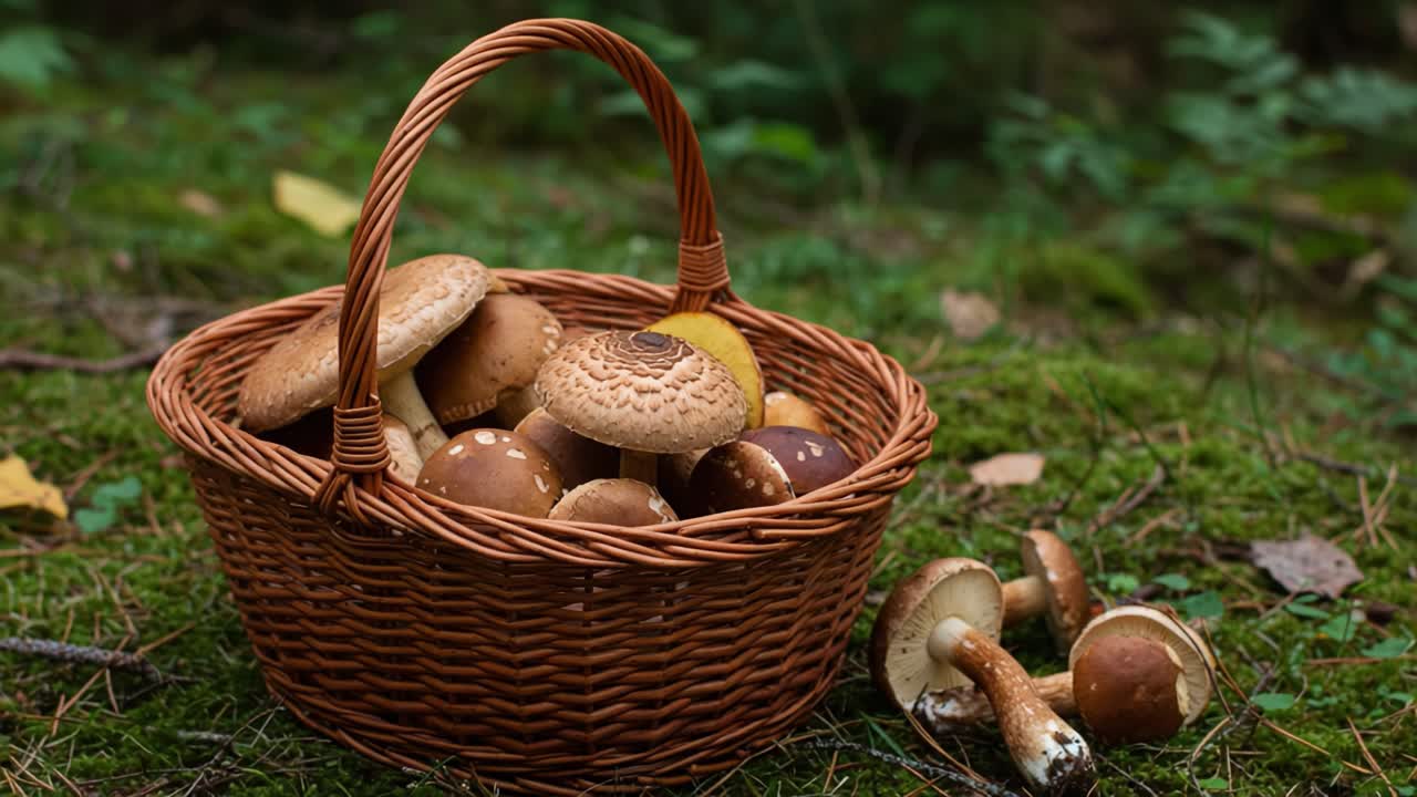 A Beautiful Basket Full of Freshly Foraged Mushrooms Nestled on the Soft Green Forest Floor Surrounded by Natural Elements and Autumn Leaves