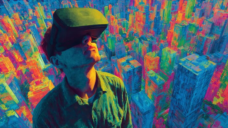 Eine Person mit einem Virtual-Reality-Headset in einer farbenfrohen Stadtlandschaft, die in digitale Realitäten und urbane Vibes eintaucht und eine Hightech-Zukunft des Gamings und der Interaktion erkundet