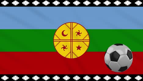 mapuche flag and soccer ball rotates on background of waving cloth, loop