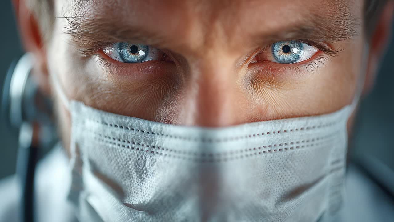 Primo piano di operatore sanitario con intensi occhi azzurri e mascherina chirurgica, che sottolinea l'importanza dei professionisti del settore medico durante i periodi critici