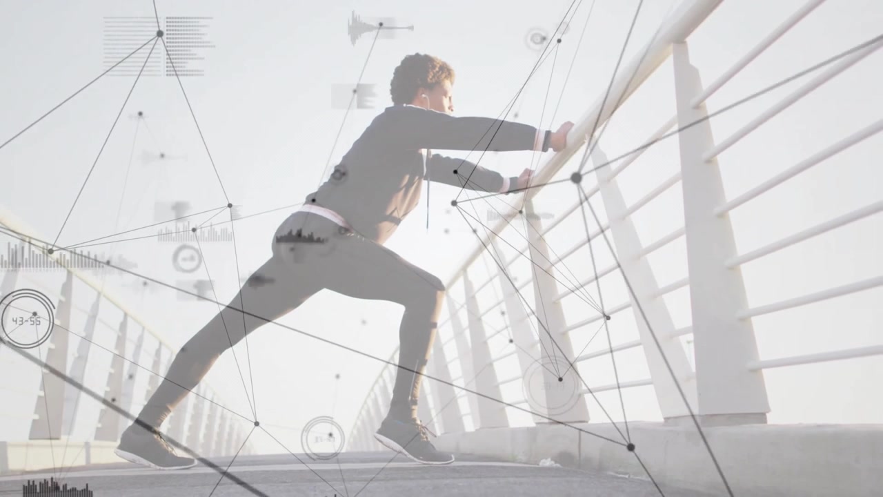 Athlete Stretching on Bridge with Digital Data Overlay