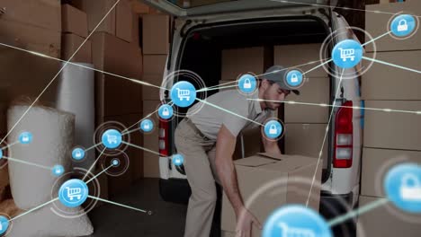 animation of network of digital icon over caucasian male delivery man stacking boxes in delivery van