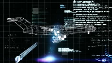 Animación-De-Un-Modelo-De-Avión-En-3D-Girando-Con-Datos-E-Información-Flotantes-Sobre-Una-Cuadrícula.