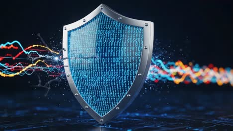 a high-tech shield representing cybersecurity and digital protection, surrounded by streams of data and colorful light representations of information flow