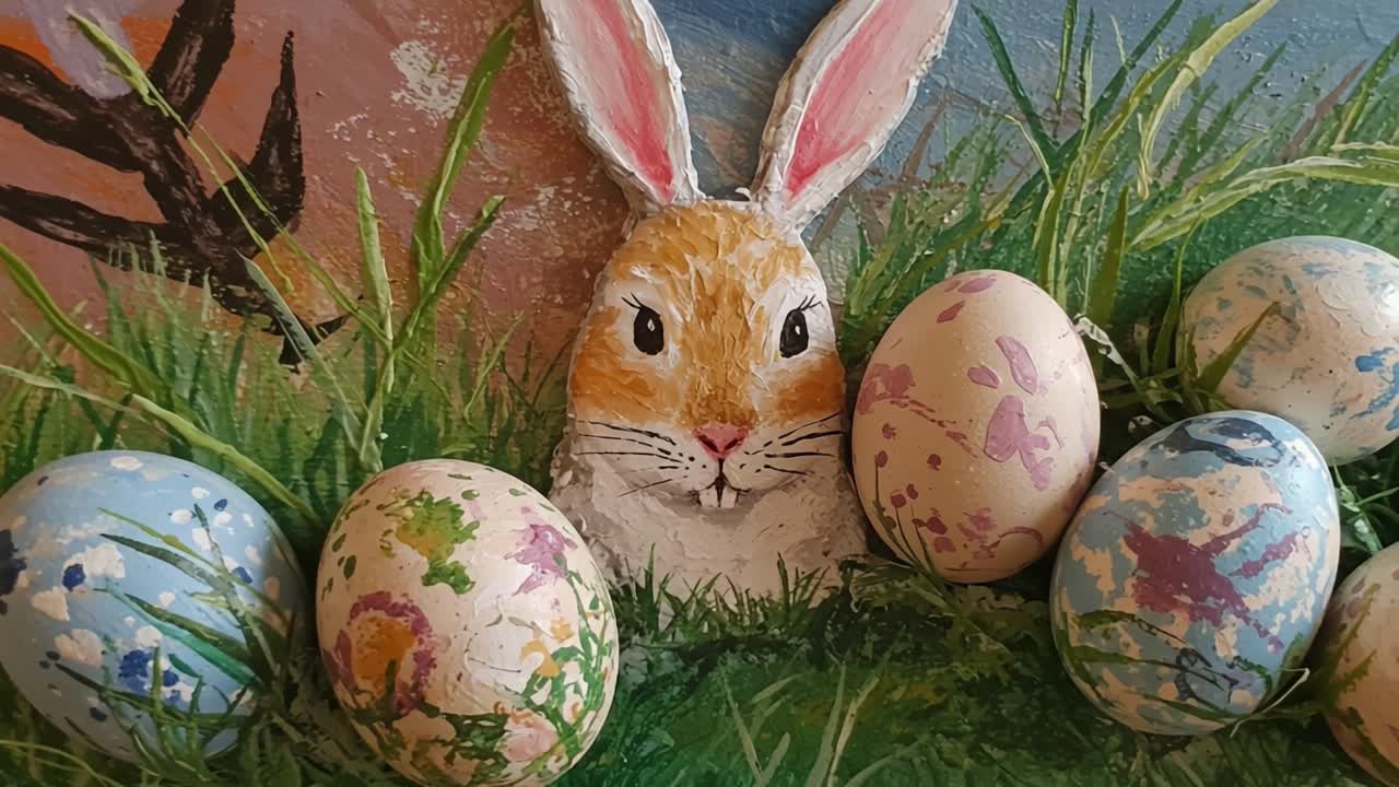 Vibrant Art of a Whimsical Bunny Among Colorfully Painted Eggs in a Lush Green Grass Setting, Perfectly Capturing the Spirit of Easter Celebration