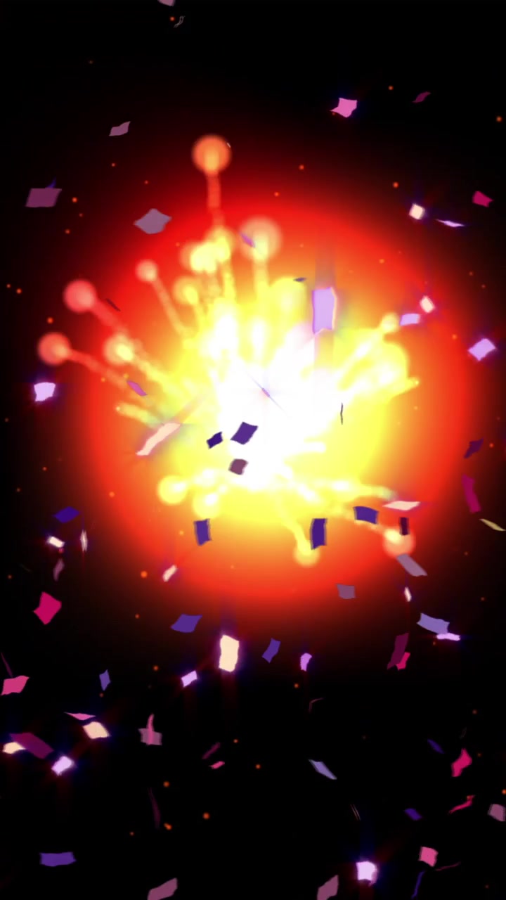 Animation of confetti with fireworks on black background