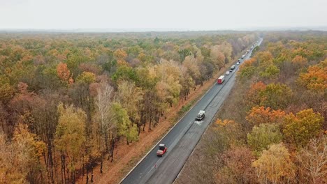 aerial view of asphalt road in the forest. cars moving in one side on road among autumn trees. road trip through fall forest.