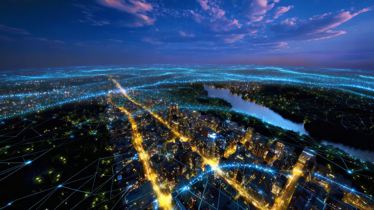 Una splendida vista aerea di un paesaggio urbano futuristico di notte, avvolto in una rete di reti dinamiche, illuminato da luci dorate, completato da un bellissimo cielo costellato di nuvole