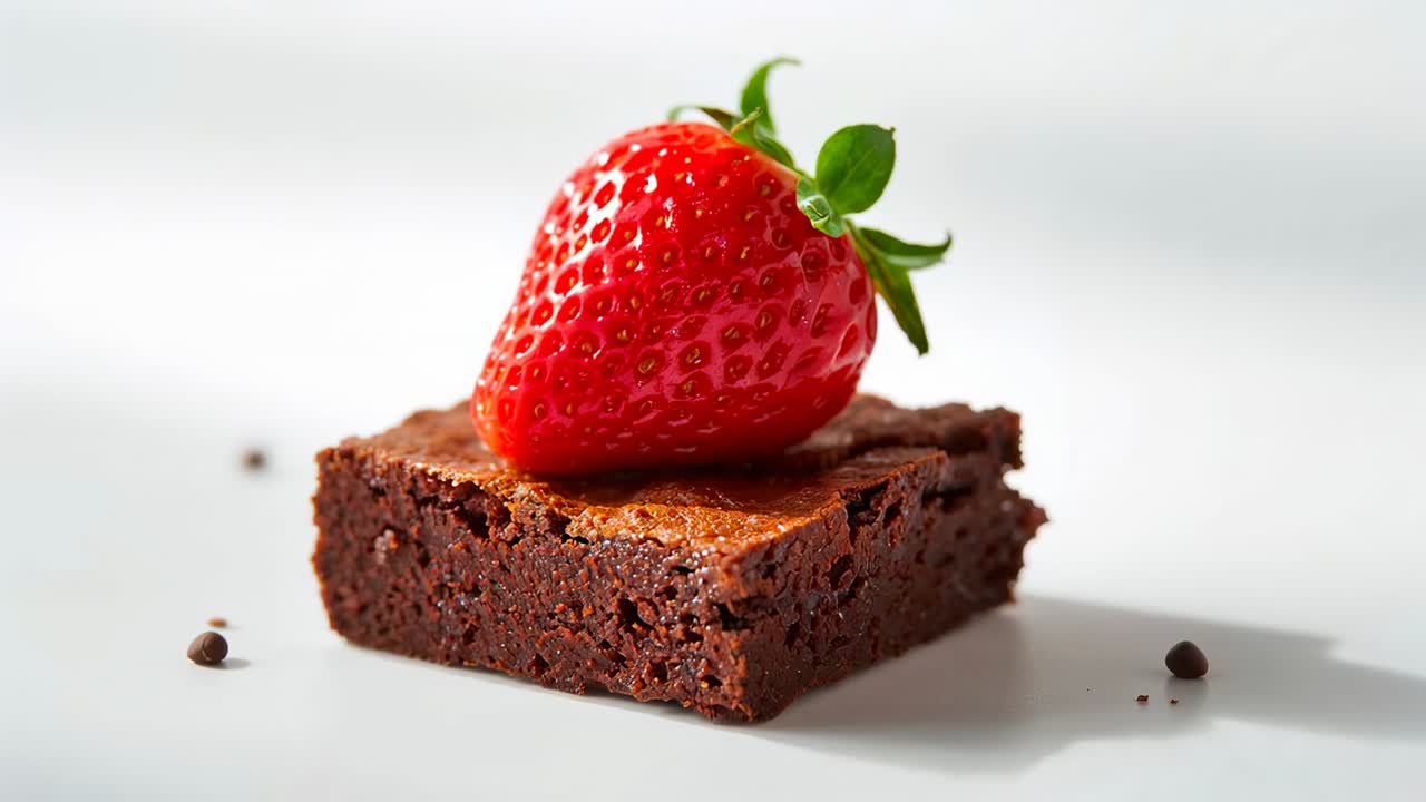Carrellata che mostra un brownie con fragola e briciole su una superficie bianca che ne esalta la texture
