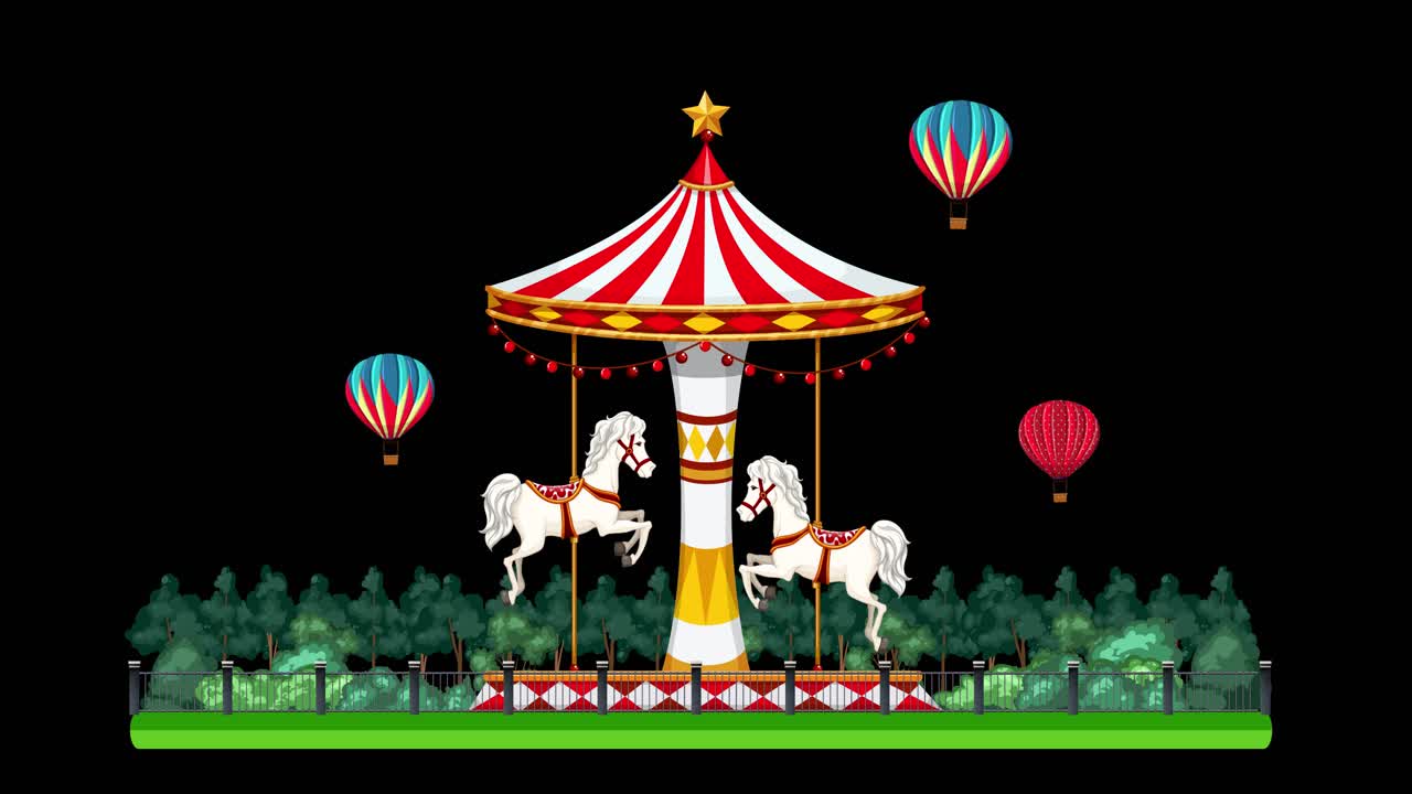A colorful carnival carousel rotates beside green trees while hot air balloons float above