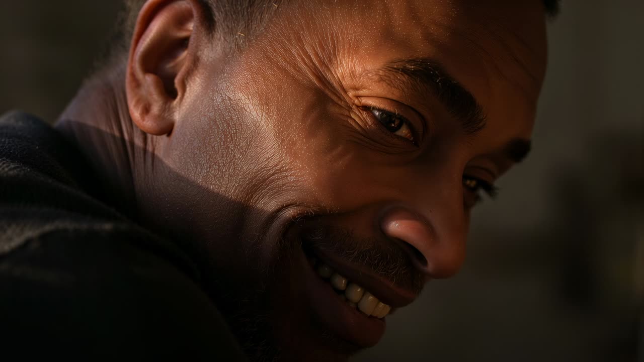 Uomo sorridente con giacca scura e camicia a righe che reagisce a una battuta fuori campo in una stanza, con una collana sottile.
