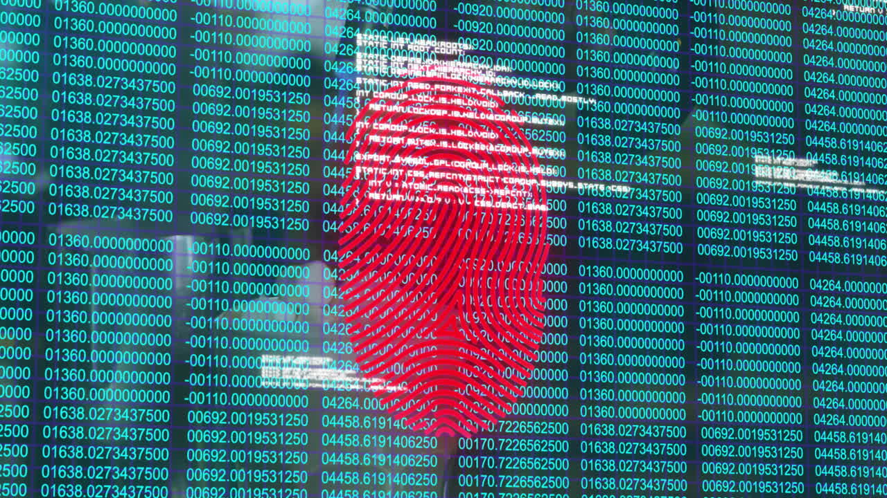 Interface displaying biometric security data, showing animated fingerprint overlaying numeric code