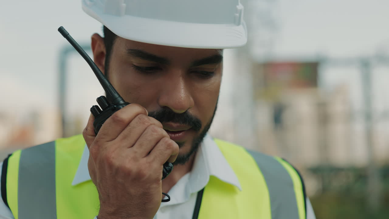 Construction Worker Communicating on Radio
