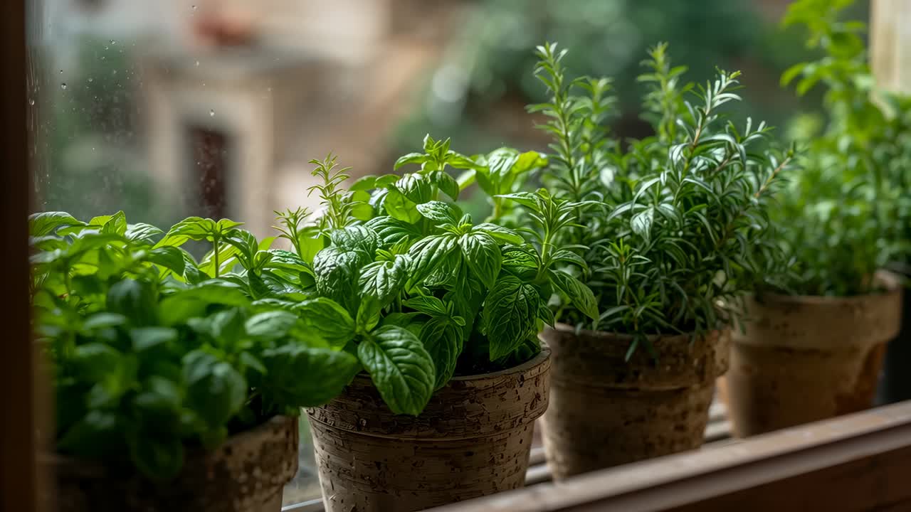 Shifting camera moving right and refocusing on wooden windowsill pots, revealing herb leaf textures