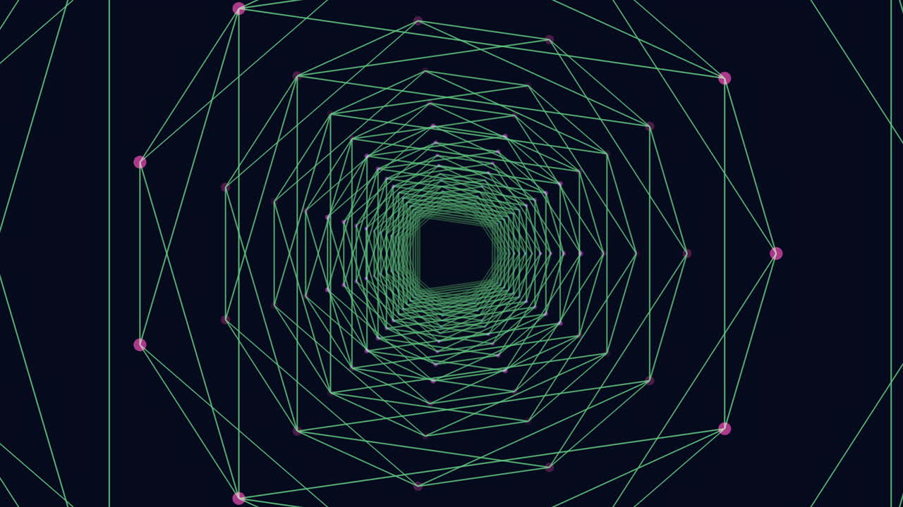 A vibrant 3D maze portrayed through green and pink interconnected lines set against a dark backdrop, creating an intricate and complex visual pattern