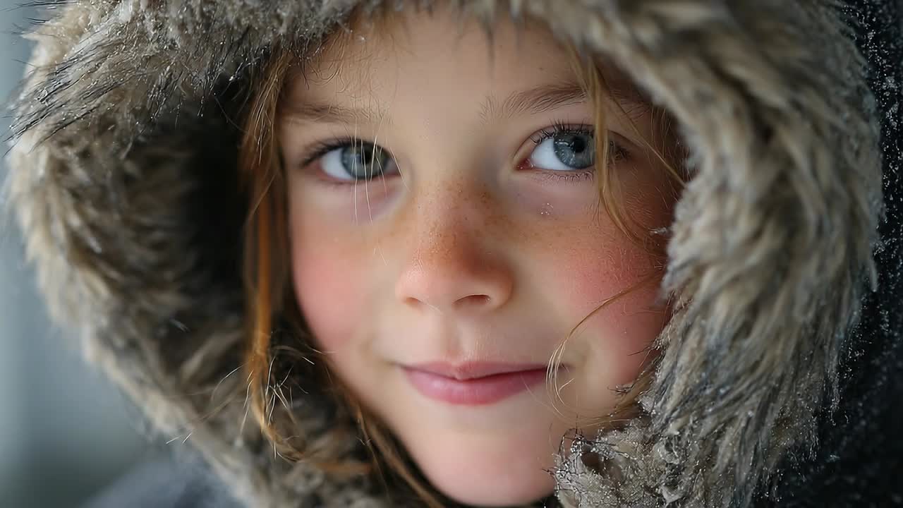Smiling child in a warm fur hood on a snowy day
