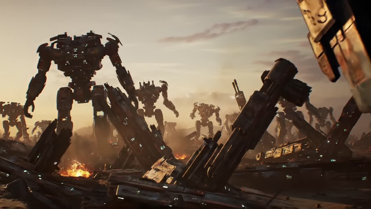 Apostles of Steel: A Dystopian Landscape Featuring Massive Mechs Amidst Ruins, Shattered Structures, and Flickering Flames in a Desolate World