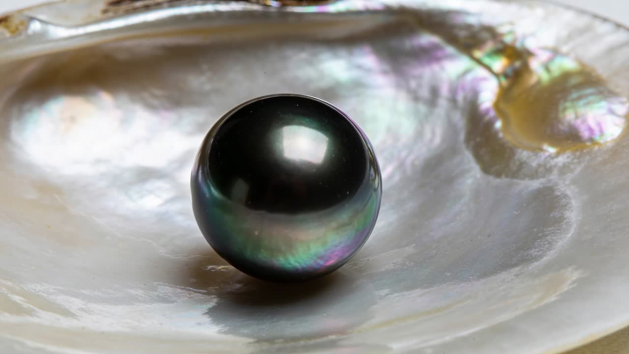 Luce mutevole della finestra che fa apparire la perla tahitiana viola sul guscio di madreperla, il riflesso della finestra si muove.