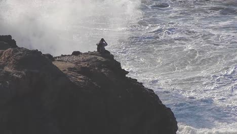 hombre tomando fotos mientras se sienta en el borde de un acantilado rocoso en la ladera de una montaña con grandes olas del océano pacífico rompiendo en la costa mientras un pájaro vuela - san francisco, california