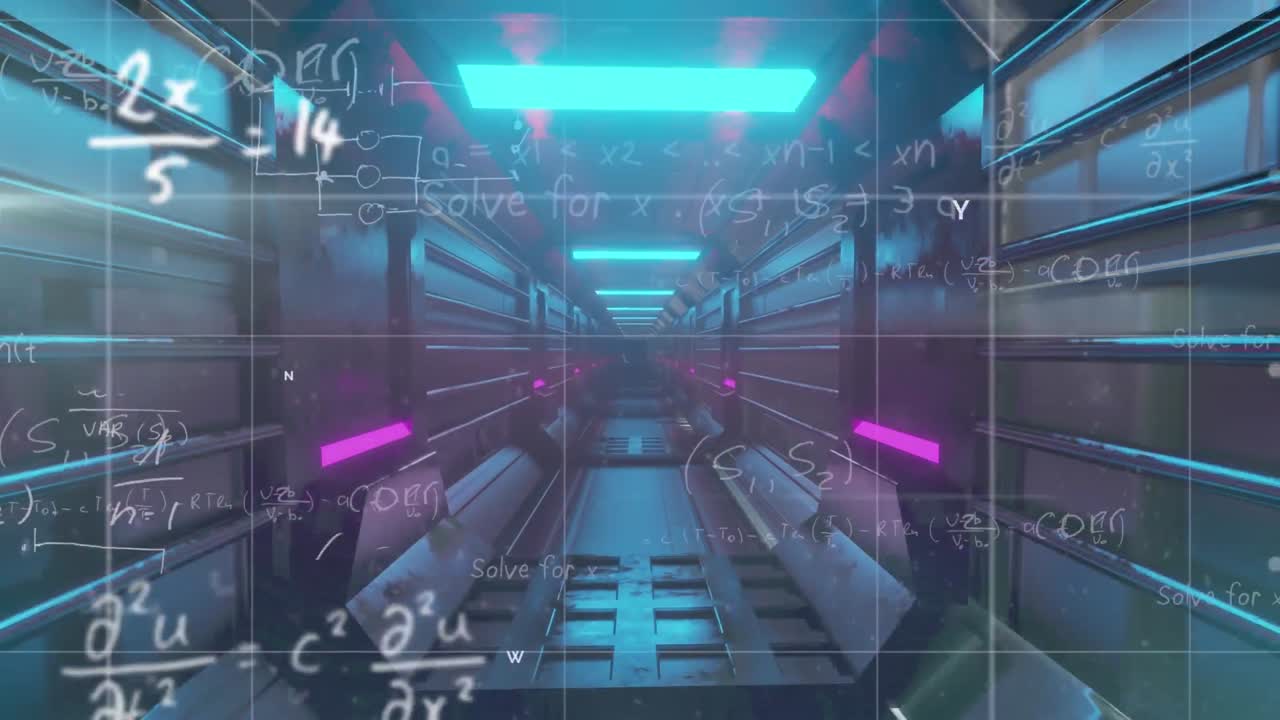 Mathematical equations over grid lines against glowing tunnel