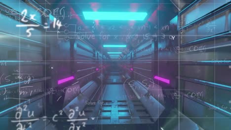 Mathematical-equations-over-grid-lines-against-glowing-tunnel