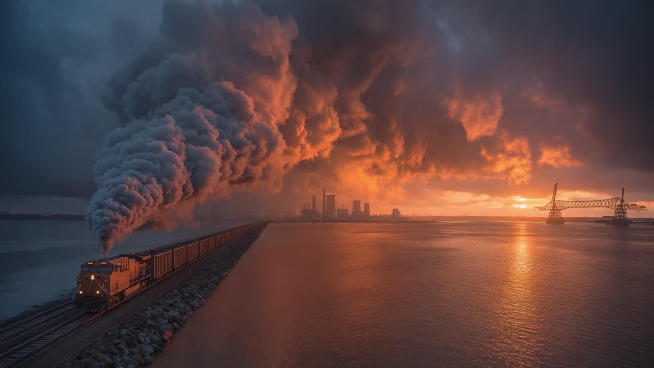 Dramatic Sunset Over Industrial Landscape: A Freight Train Navigating Through Mist and Smoke Against a Fiery Horizon with Towering Factories in the Background