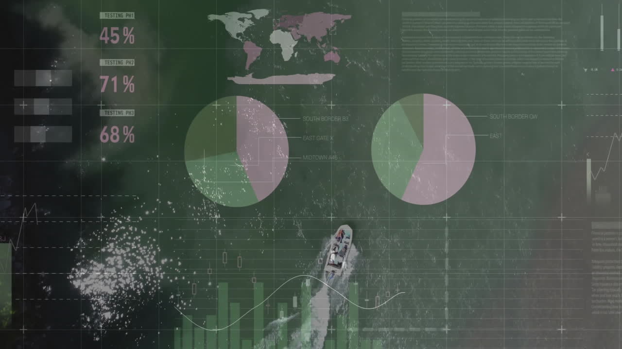 Data visualization animation over aerial view of ship navigating through water