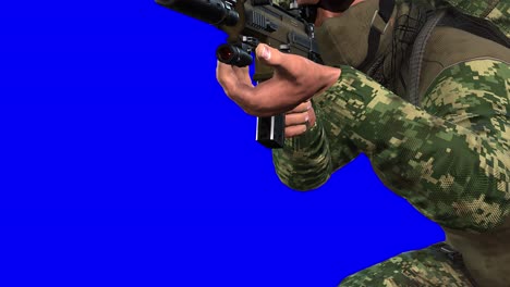 UN-soldier-wearing-military-uniform-with-combat-helmet,-face-mask,-glasses,-back-pack,-and-machine-gun,-aiming-and-walking-on-blue-screen,-3D-animation,-front-view