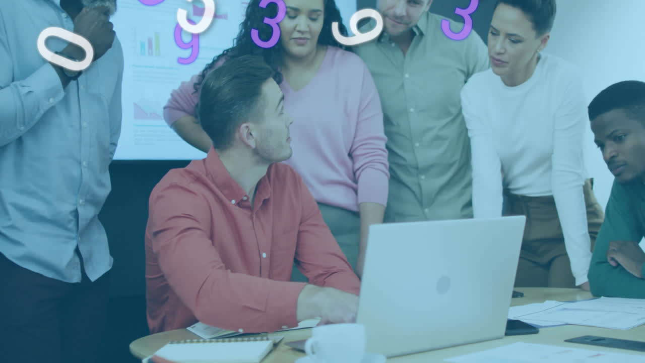 Business team discussing project over floating numbers animation