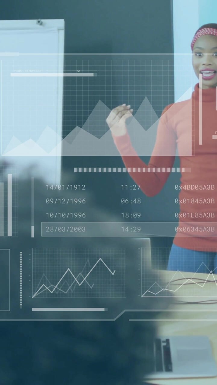 Animation of data processing over diverse business people at meeting