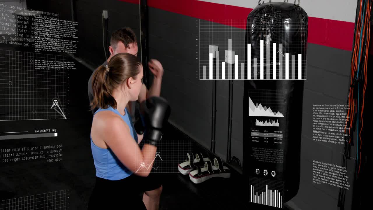 Gym trainer holding pads, cueing, trainee punching bag, overlaying HUD charts guiding form