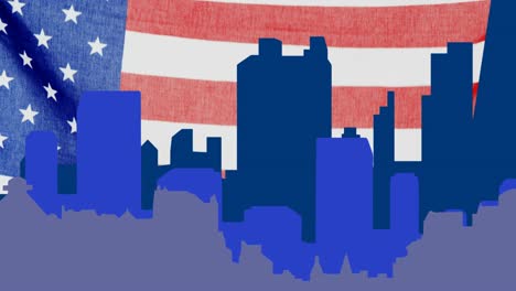 animation of blue cityscape,moving over waving american flag