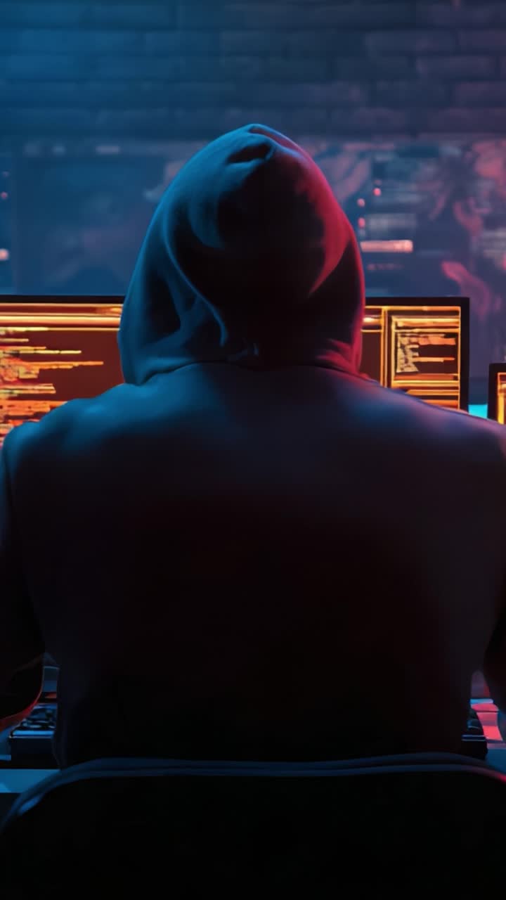 A Mysterious Figure in a Hoodie Engaged in Deep Cyber Activities Amidst a Glow of Computer Screens, Showcasing the Intricacies of the Digital World