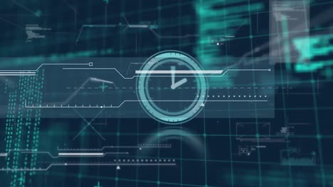 Animación-Del-Procesamiento-De-Datos-Y-El-Reloj-Moviéndose-Rápidamente-Sobre-La-Red.