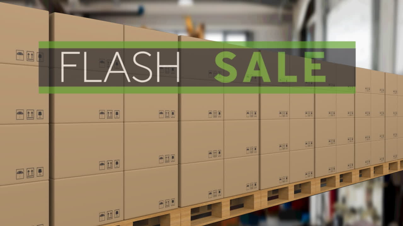 анимация текста флэш-продажи над картонными коробками на конвейерной ленте