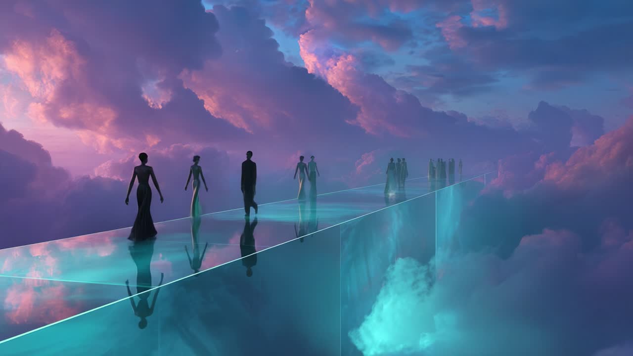 Figures Walking on a Dreamlike Path in the Sky