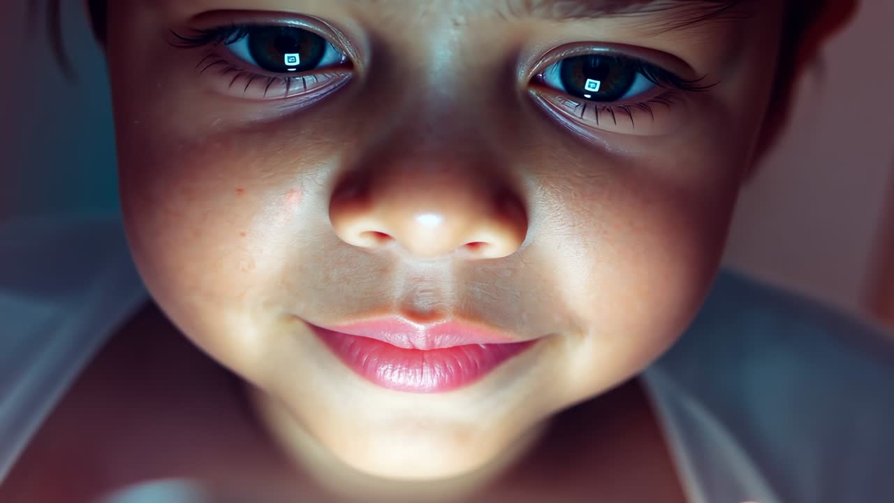 Holding smartphone toddler gazing at glowing screen in dim bedroom, wearing light sleeveless top