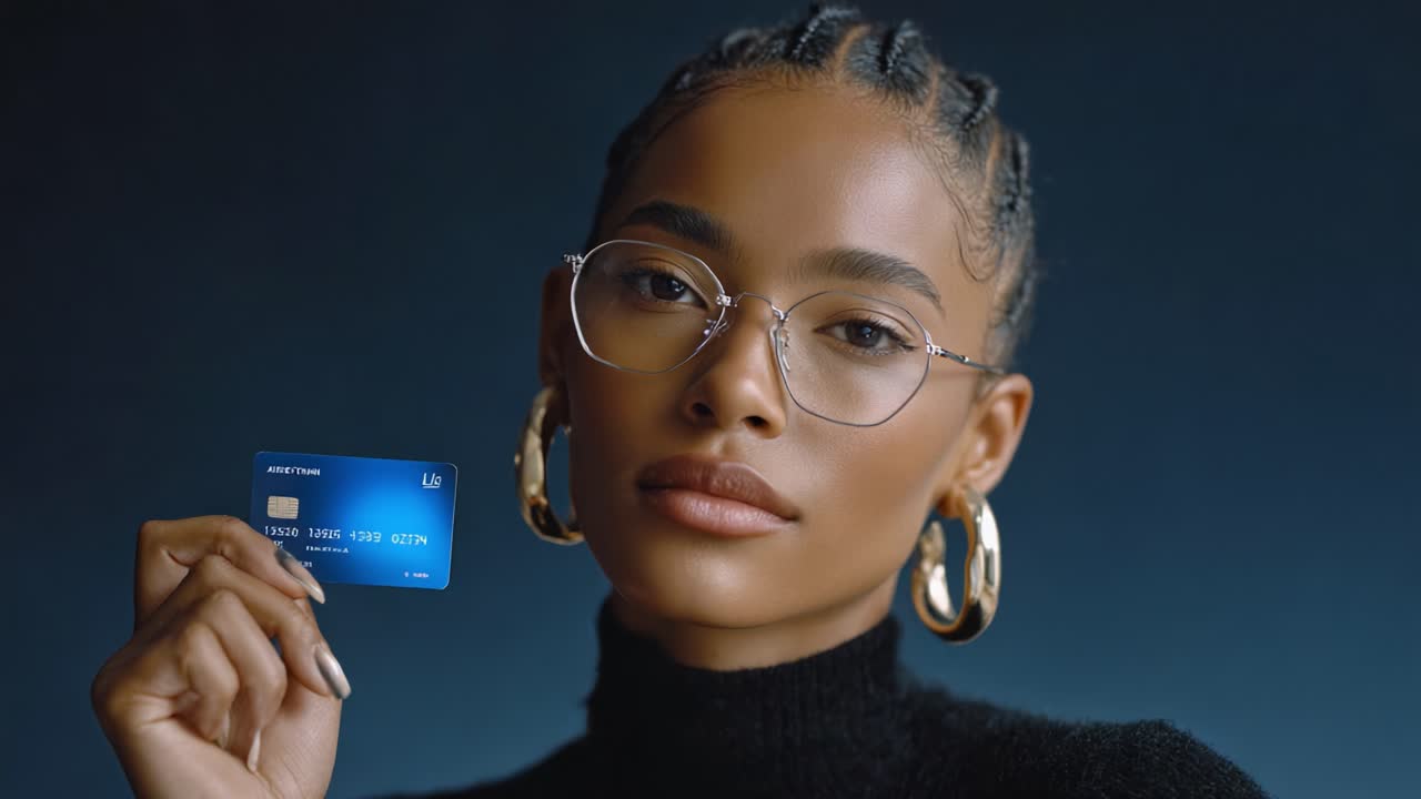A confident individual poses with a credit card in hand, showcasing elegance and modernity through stylish glasses and bold accessories in a minimalistic backdrop