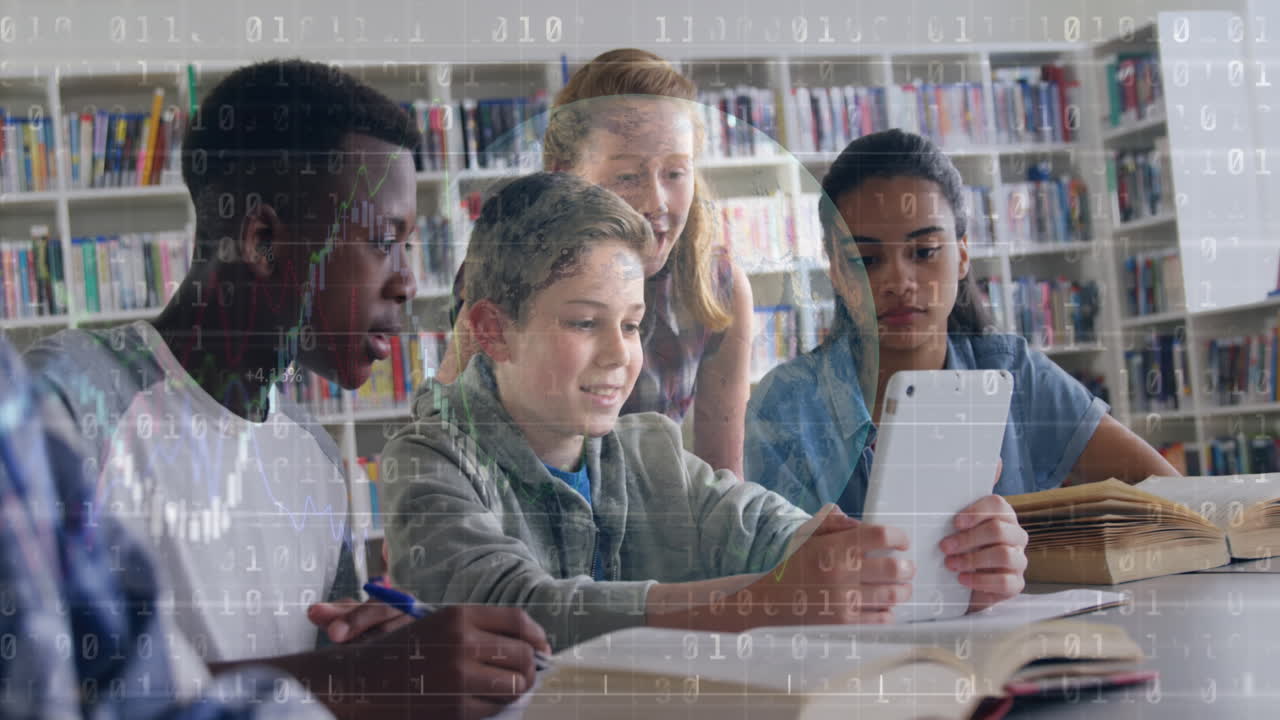 태블릿을 사용하는 다양한 학생들에 대한 데이터 처리 및 글로브의 애니메이션