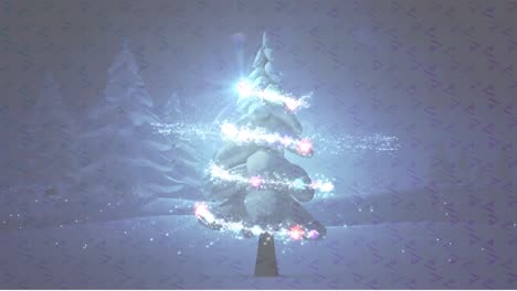 Texture-pattern-and-shooting-star-spinning-over-christmas-tree-on-winter-landscape