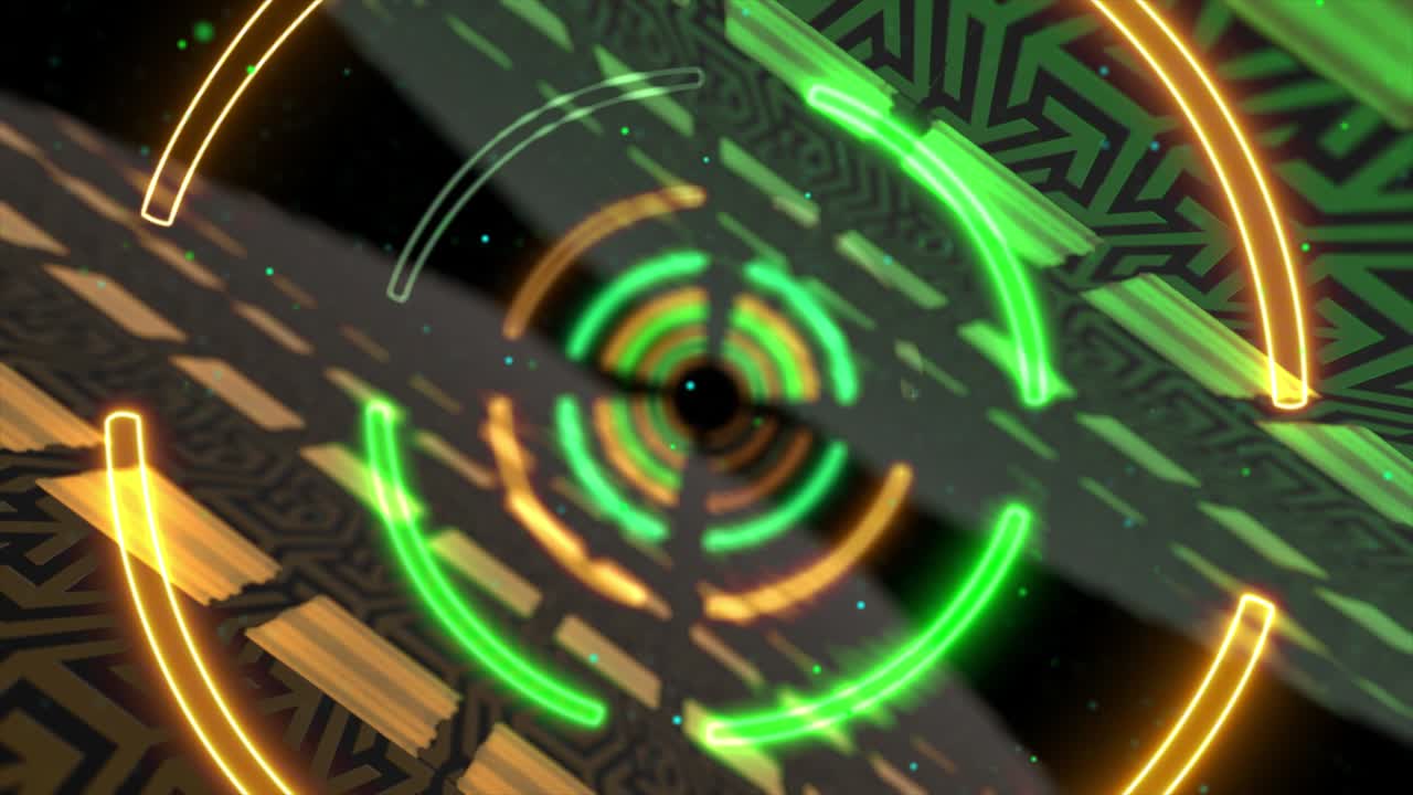 추상적인 창의적인 네온, 둥근, 원형 모양의 리드 터널, 미래의 바닥, 홀, 회전하는 관점을 가진 무대.