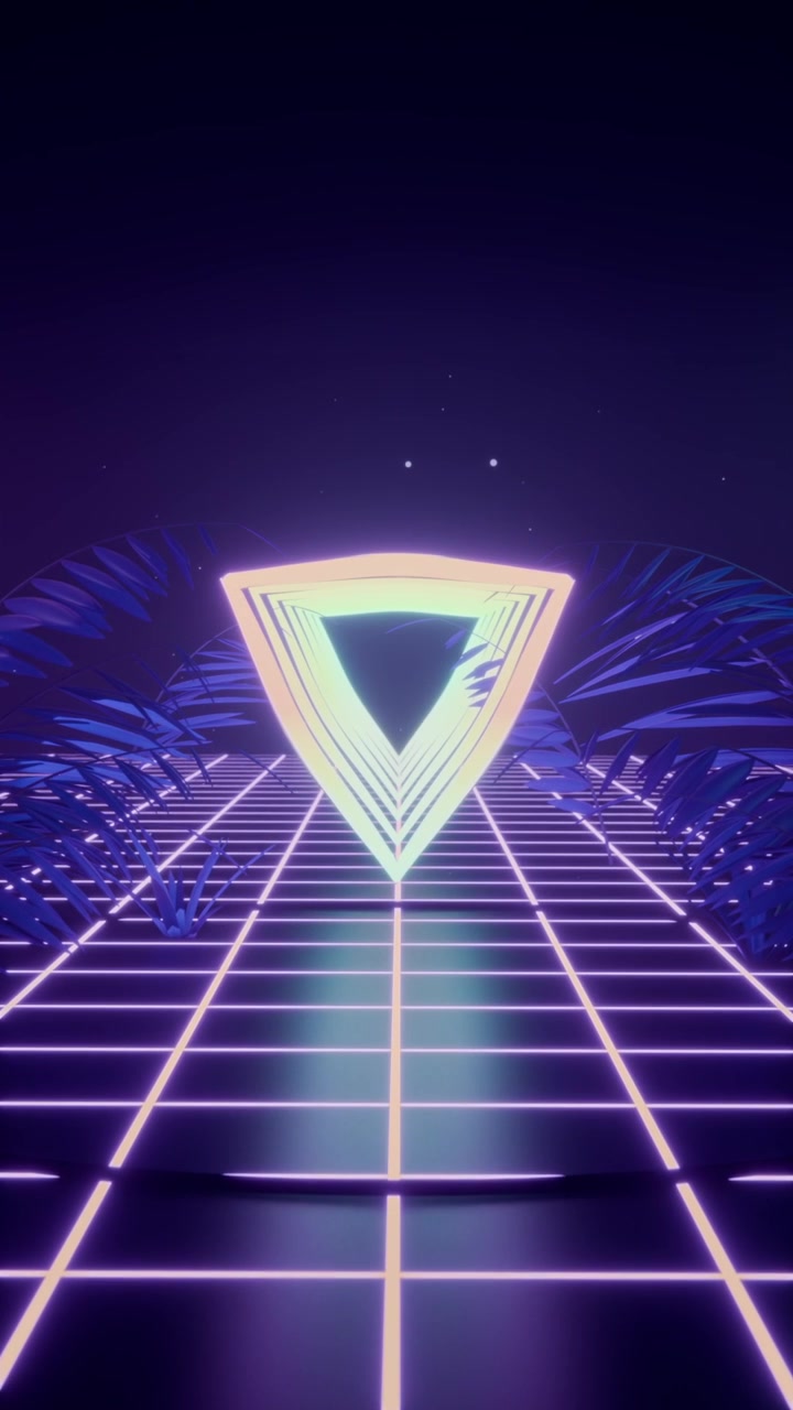 Vertical video: Dimming neon triangle pulsing into nested triangles over magenta-grid making tunnel