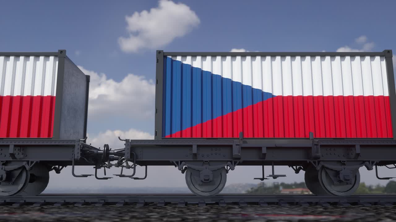 Containers with the flag of Czech republic. Railway transportation