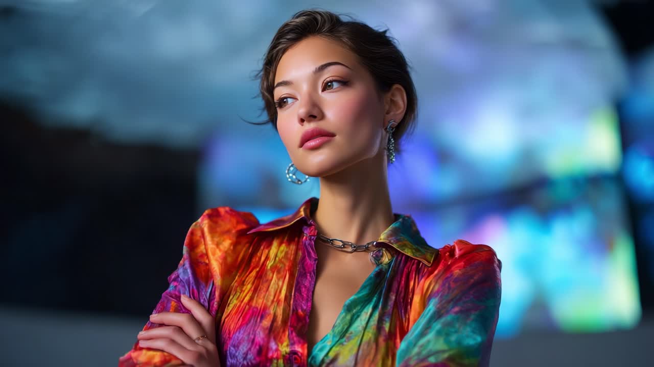 Un ritratto accattivante di una giovane donna alla moda con una colorata e artistica camicia abbottonata su uno sfondo dinamico e colorato pieno di luce e colore