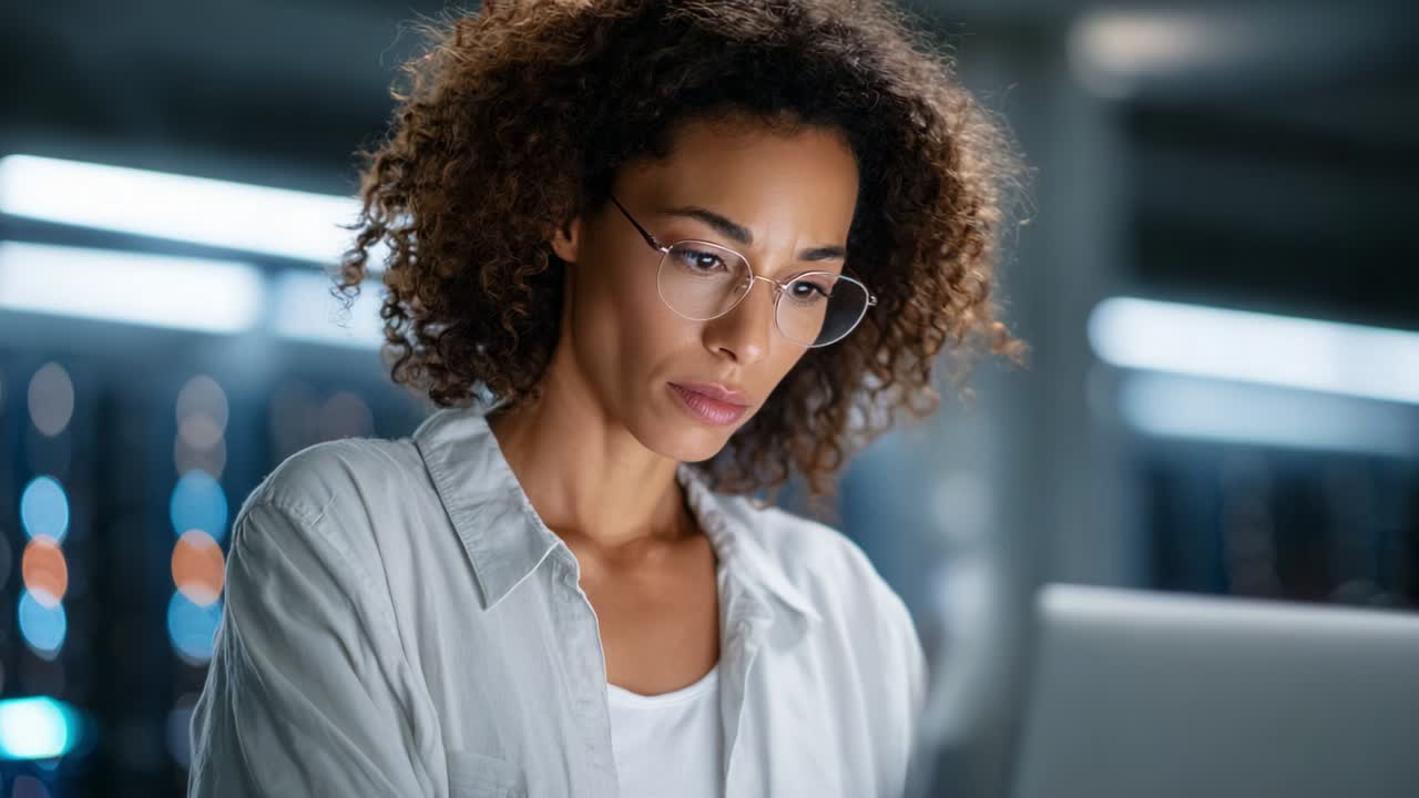Focused and Intuitive Female Professional Analyzing Data on a Laptop in a Modern Technological Setting with a Calm Expression, Showcasing Concentration and Dedication in Her Work Environment