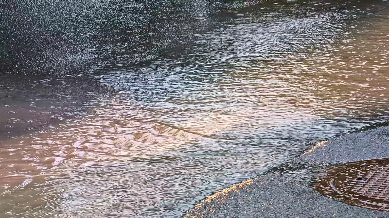 A close-up shot captures the texture of heavy rain falling as floodwater flows rapidly over an asphalt road and towards a storm drain during a downpour