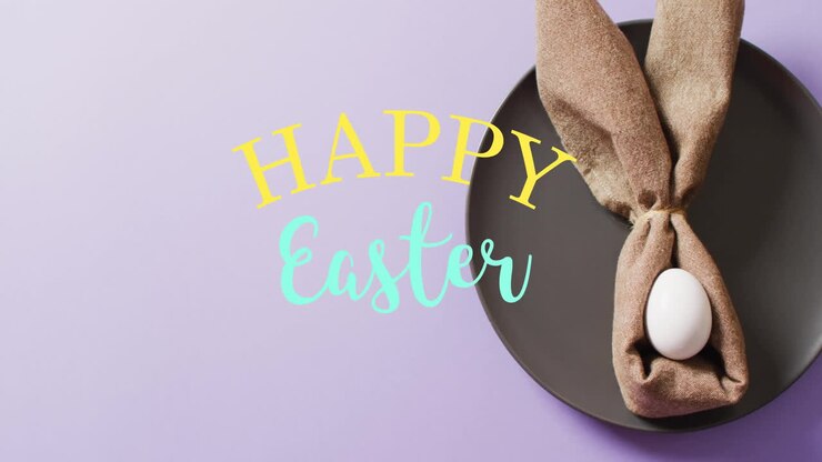 Animation of happy easter text over white easter egg in cloth on purple background