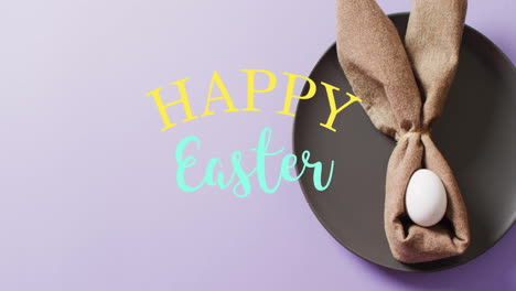 animation of happy easter text over white easter egg in cloth on purple background