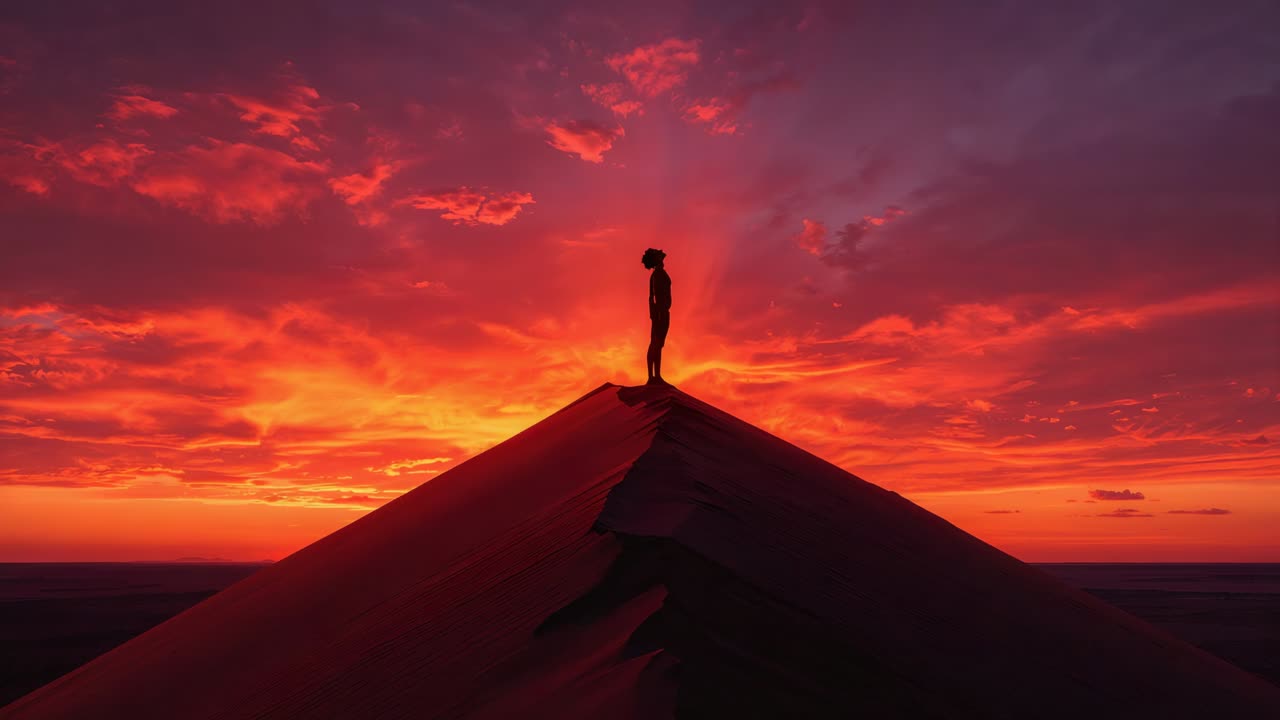 Reagendo all'intensificarsi del bagliore del tramonto, uomo in silhouette che osserva l'orizzonte sulla cresta di una duna, crinale di sabbia